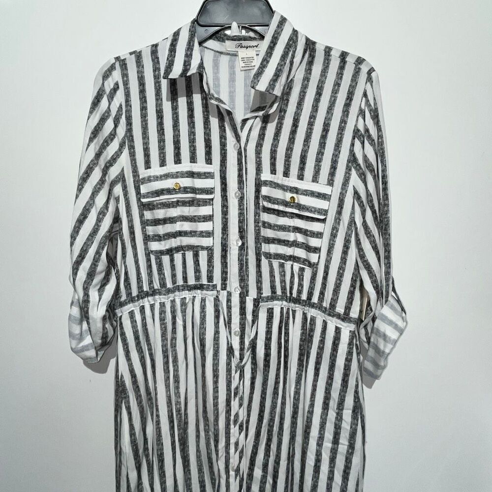 Passport Women's White Grey Stripe Tie Waist Button‎ Up Shirt Dress Large NWT